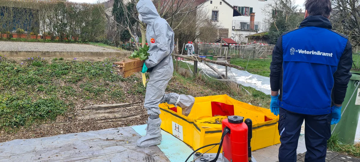 Ein Mann in einem Schutzanzug steigt aus einem Becken. 